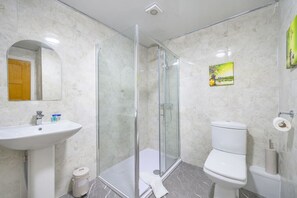 Une salle de bain avec une douche à parois de verre, un lavabo, des toilettes et un miroir.