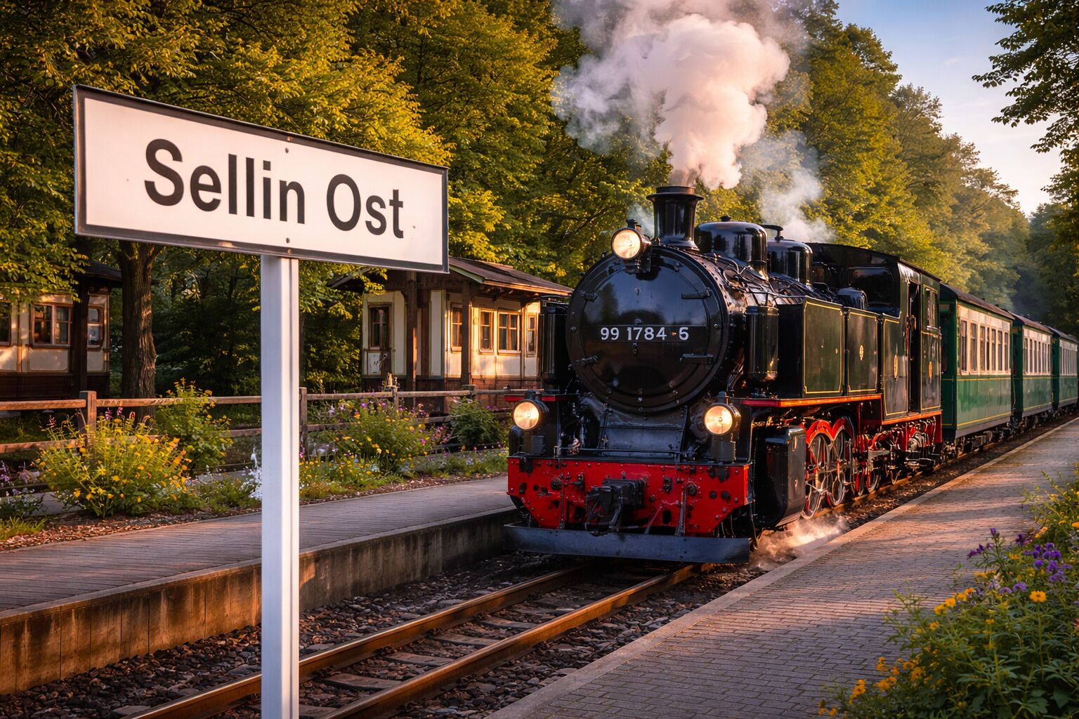 Une locomotive à vapeur est garée dans une gare appelée « Sellin Ost », avec un quai et un bâtiment en arrière-plan.