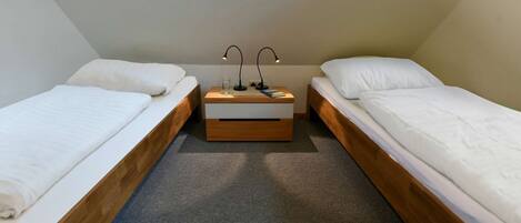 A small, single-room accommodation with two single beds, a wooden nightstand with a lamp, and a carpeted floor.