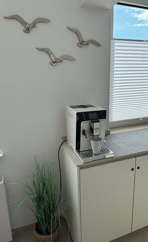 Eine Küchenzeile mit einer Kaffeemaschine, einem Topfpflanzen und einem Fenster mit Jalousien.