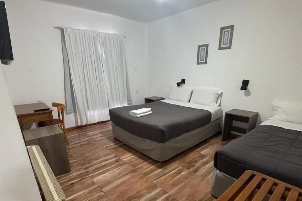 Una habitación con cama, escritorio, silla, ventilador de techo y radiador.