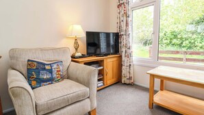 A living room with a beige armchair, a television on a wooden stand, a table, and a window with curtains. - Sea Breeze (Bideford)