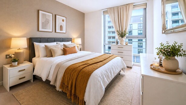 A modern bedroom with a bed, bedside tables, a dresser, a mirror, and artwork on the wall. - Sleep Well - Modern Apartment for 4 near Stations (London)