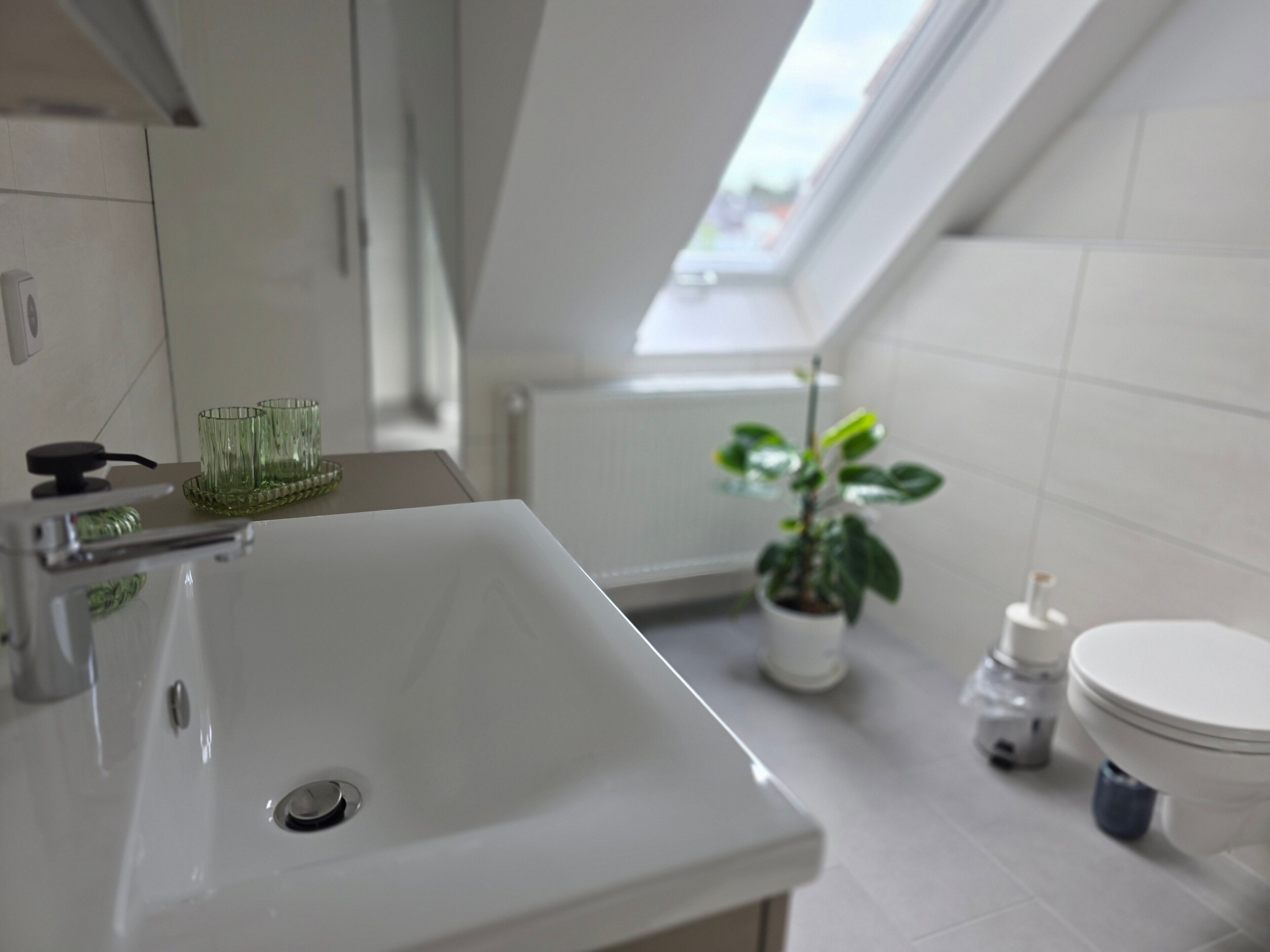 Un baño con lavamanos blanco, una planta en maceta, un inodoro y un tragaluz.