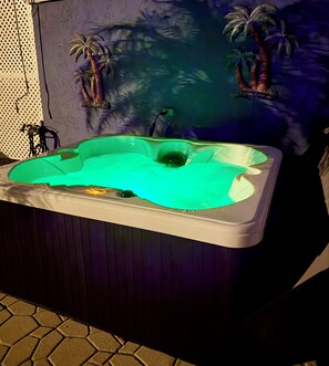 A hot tub with a green interior, surrounded by a dark wall with palm tree decorations. - Anna Maria Island - Newly renovated. Short walk to the beach. New Hot tub. (Holmes Beach)