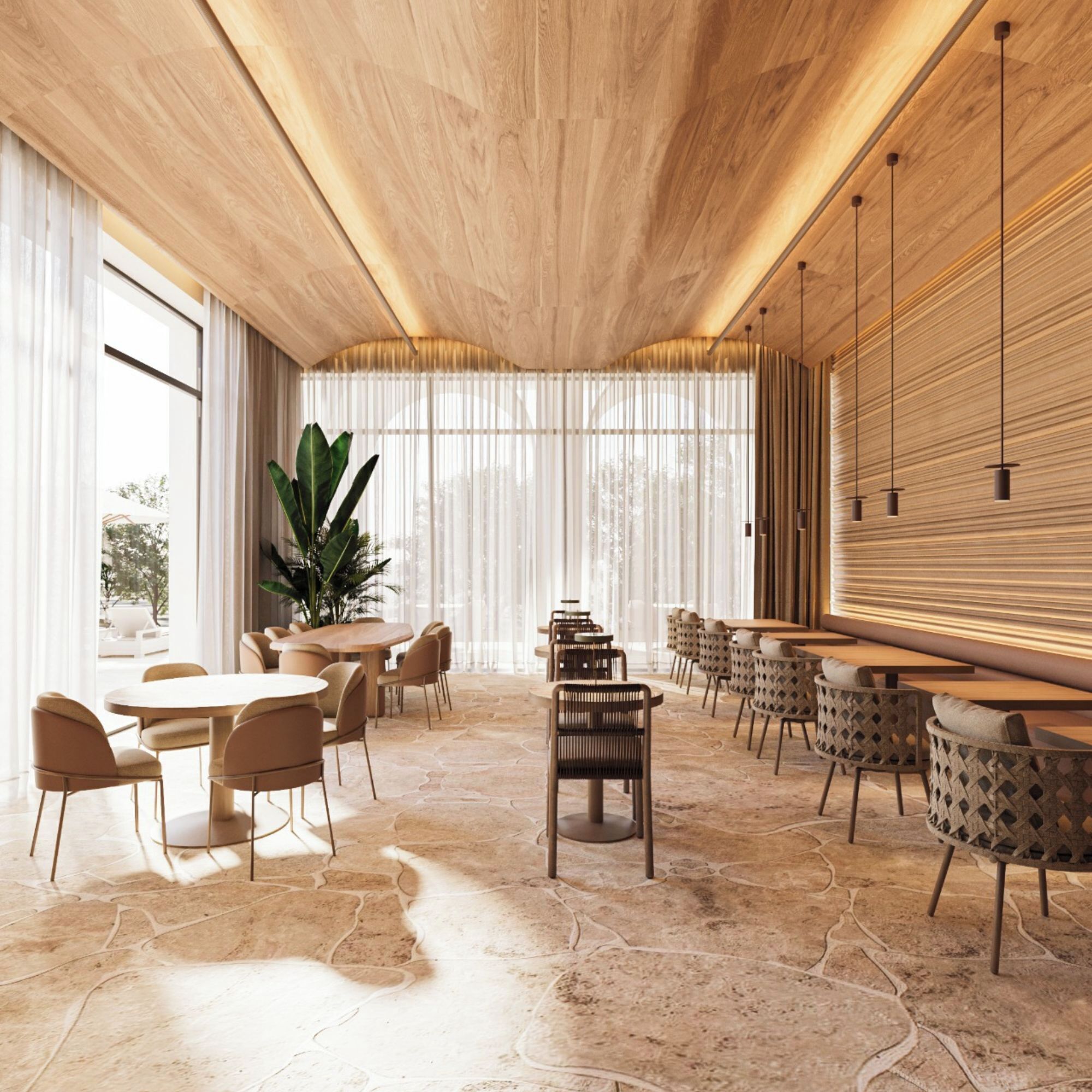 A modern interior with wooden ceiling, large windows, and a stone floor.
