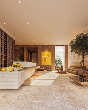A modern interior with a stone floor, wooden furniture, and a large yellow artwork. - Hotel Camelot By Artur (Ksamil)
