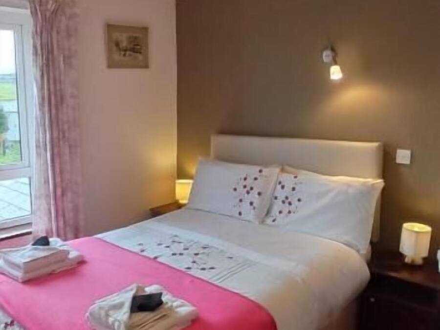 Una cama bien tendida con una manta rosa, una mesita de noche con una lámpara y una alfombra estampada.