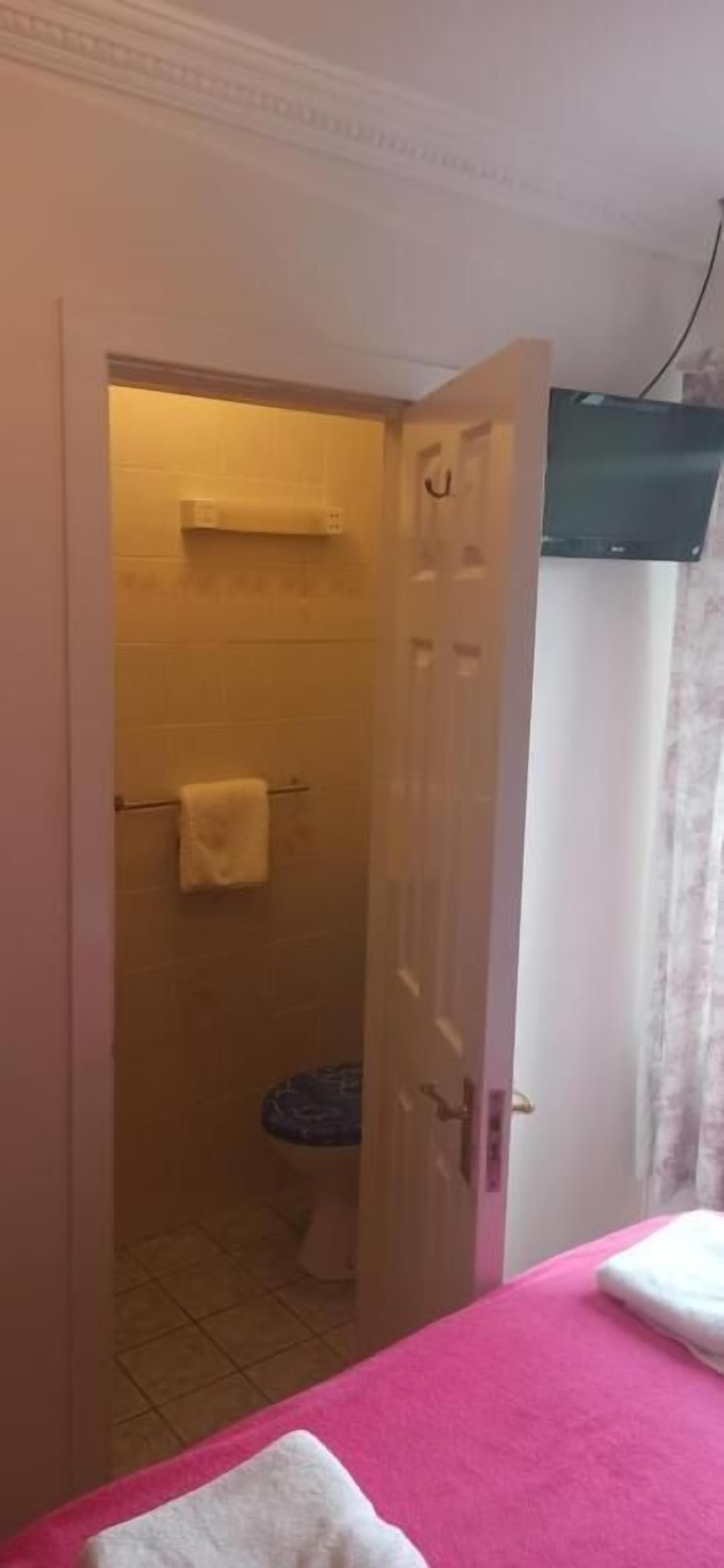 A room with a bed, a bathroom with a shower and toilet, and a television mounted on the wall.