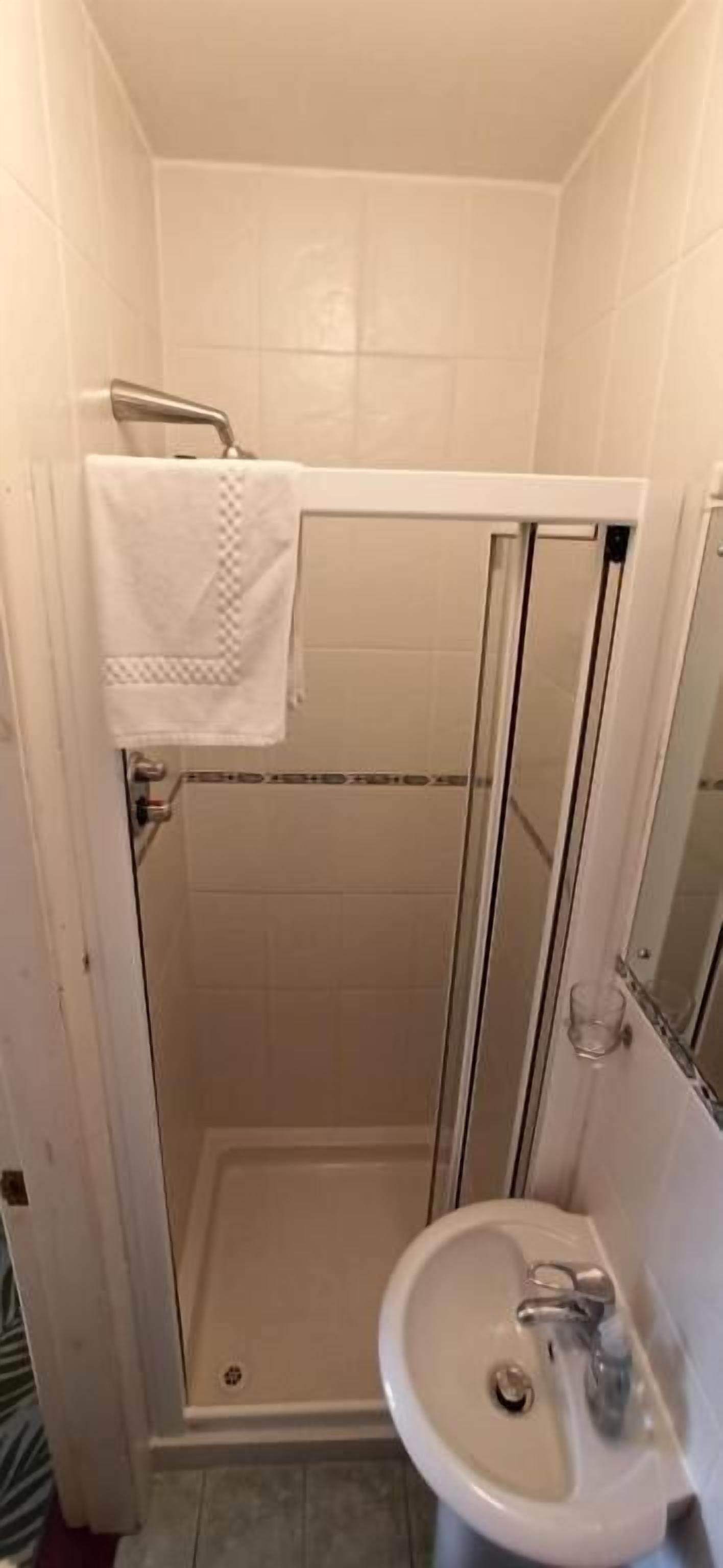 A bathroom with a shower, a sink, and a mirror.