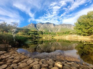 Paisagem montanhosa com um lago límpido refletindo o céu e a vegetação ao redor.