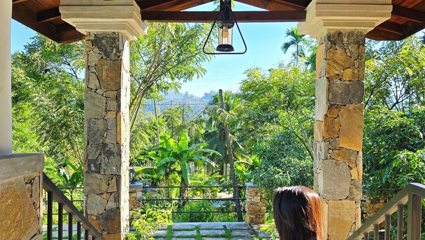 A covered outdoor area with stone pillars, a wooden ceiling, and a view of lush greenery.