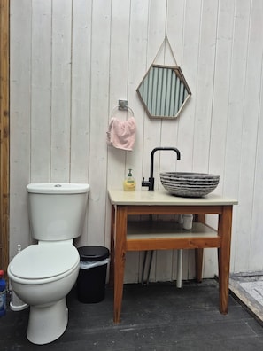 A bathroom with a white toilet, a wooden sink with a black faucet, and a mirror above the sink. - Unique Retreat, Sleeps 2 With Hot Tub & Pets Ok (Glengarriff)