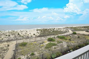 A beach view with a wooden fence, sandy terrain, and yellow flowers. - Beachcrest 8 - Ocean City, MD (Ocean City)