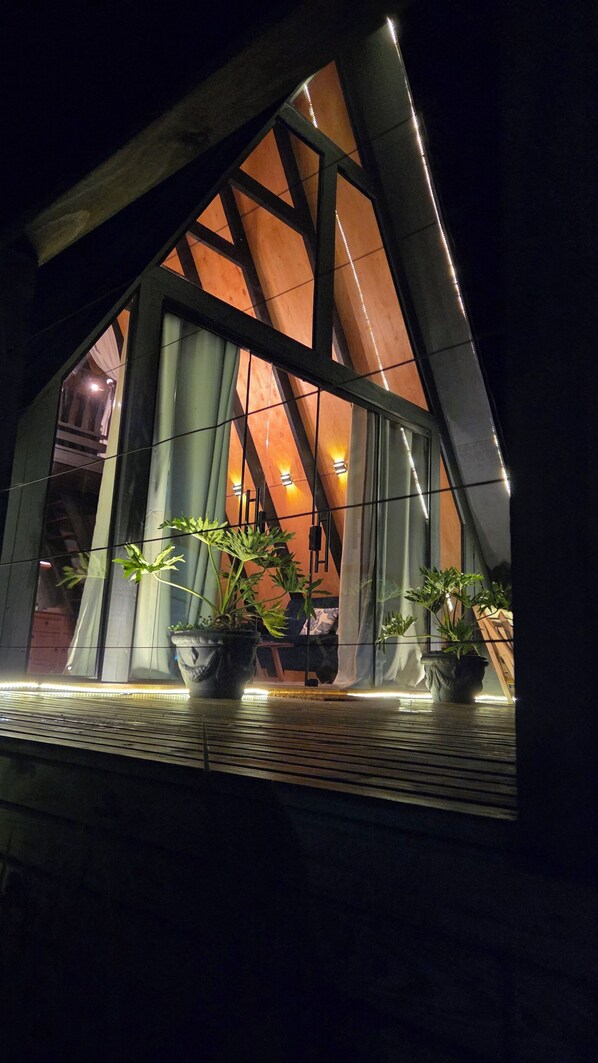 A modern interior with a sloped ceiling, large windows, and potted plants.