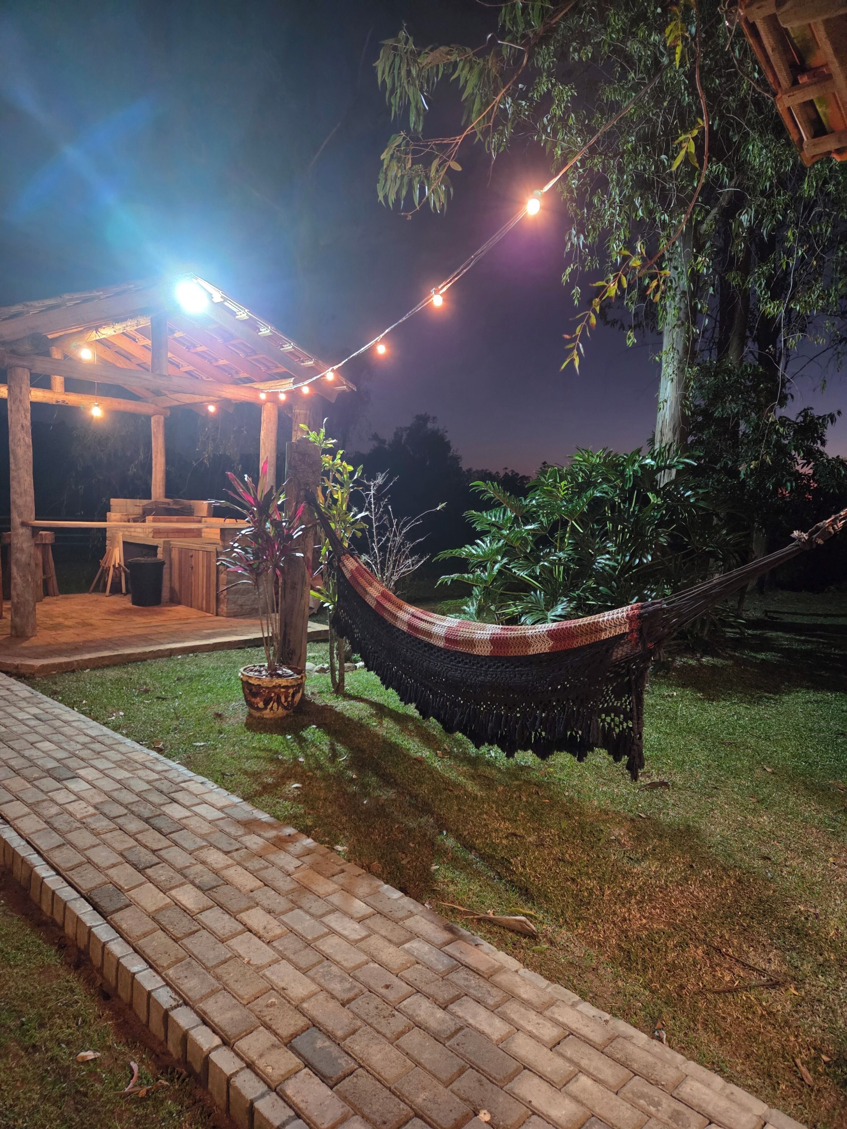 A garden area with a hammock, a wooden pergola, and string lights.