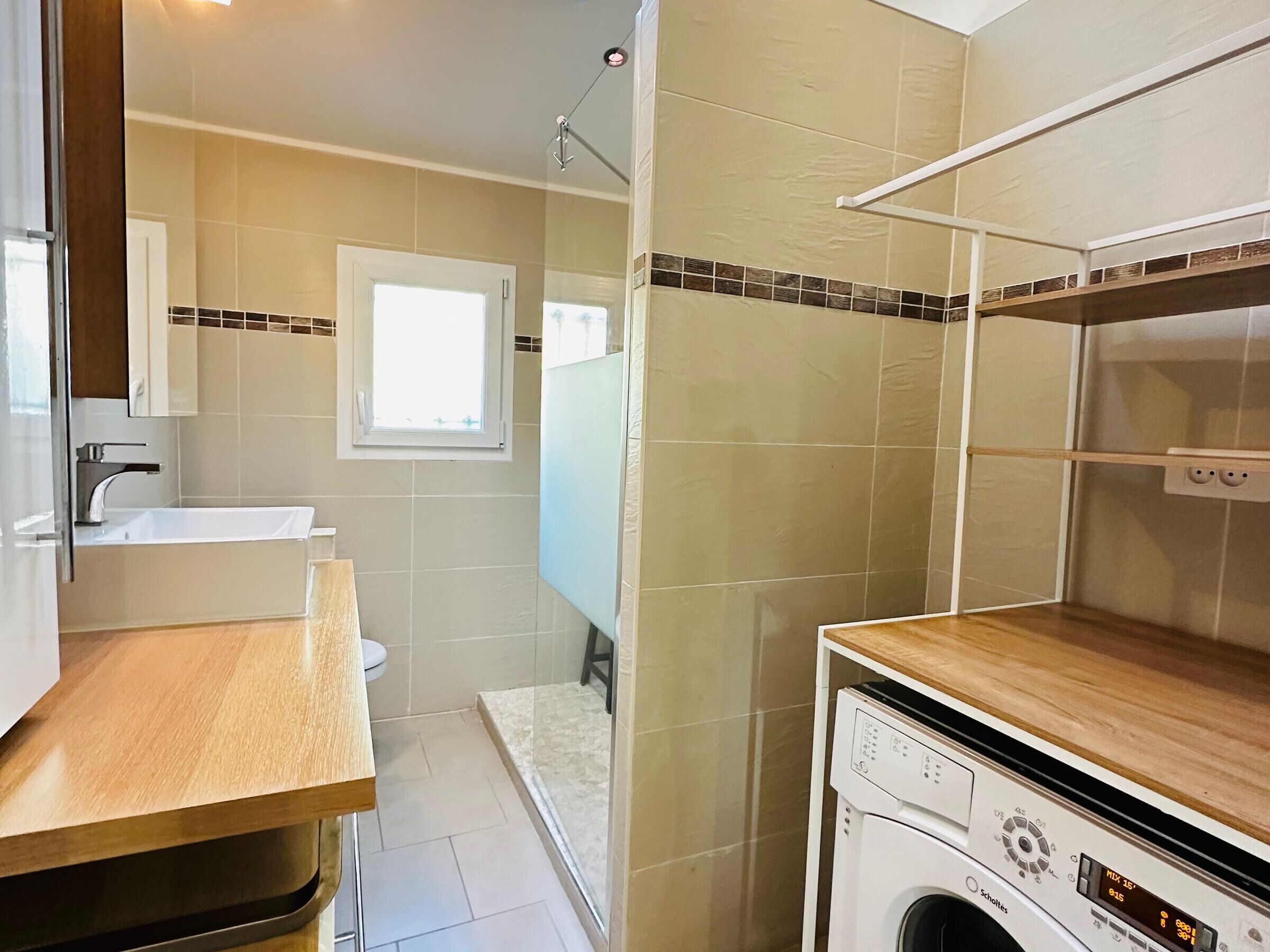 A bathroom with a sink, toilet, shower, and a washing machine.