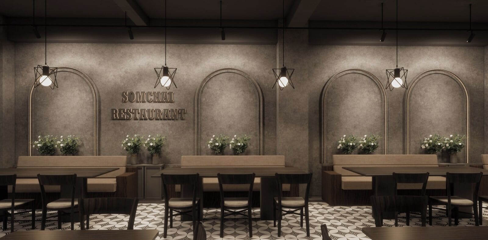 Un interior de restaurante de diseño moderno, con una pared central que muestra el nombre del restaurante, varias zonas de estar con mesas y sillas, y lámparas decorativas.