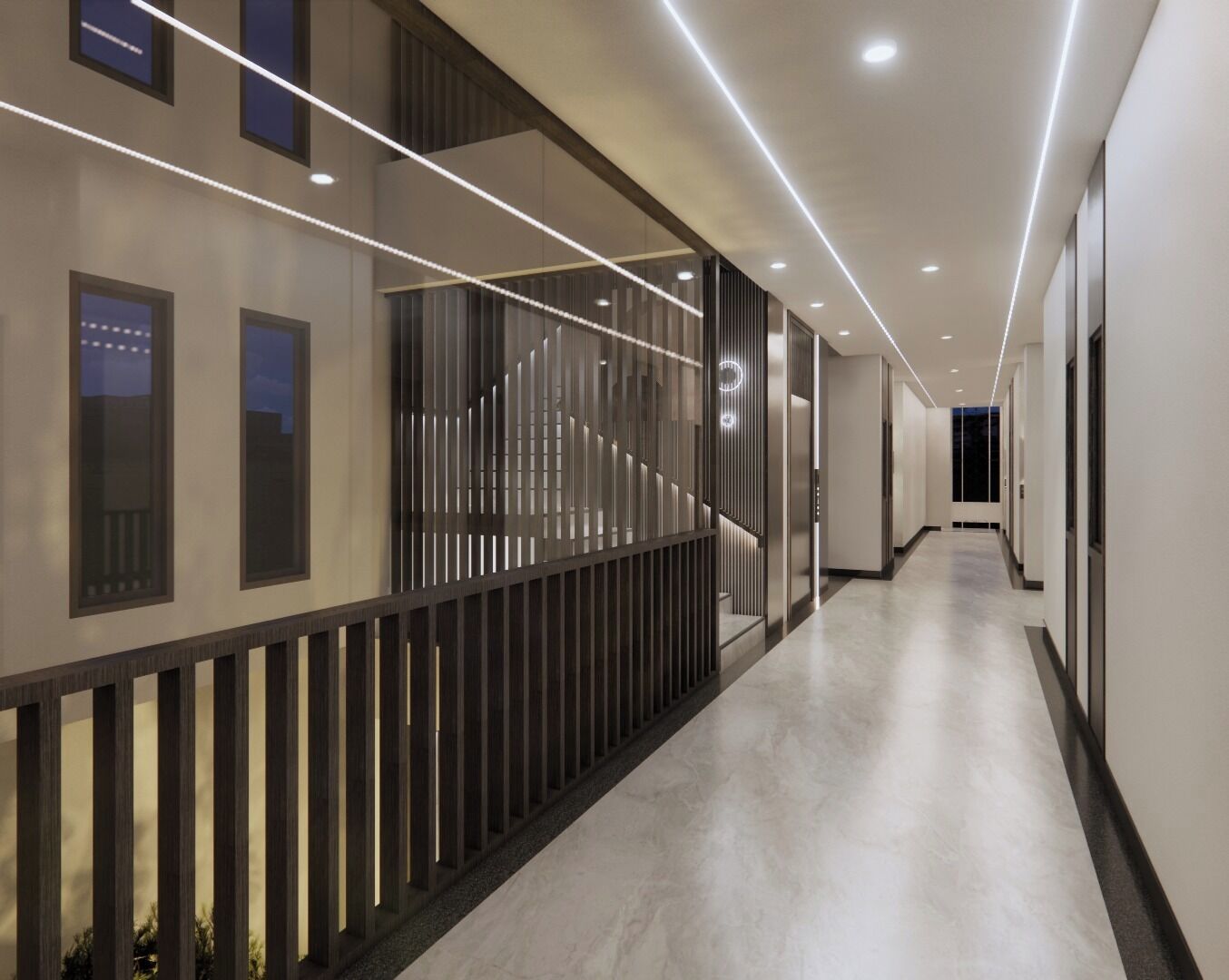 Un pasillo moderno con barandilla de vidrio, luces empotradas y piso pulido.