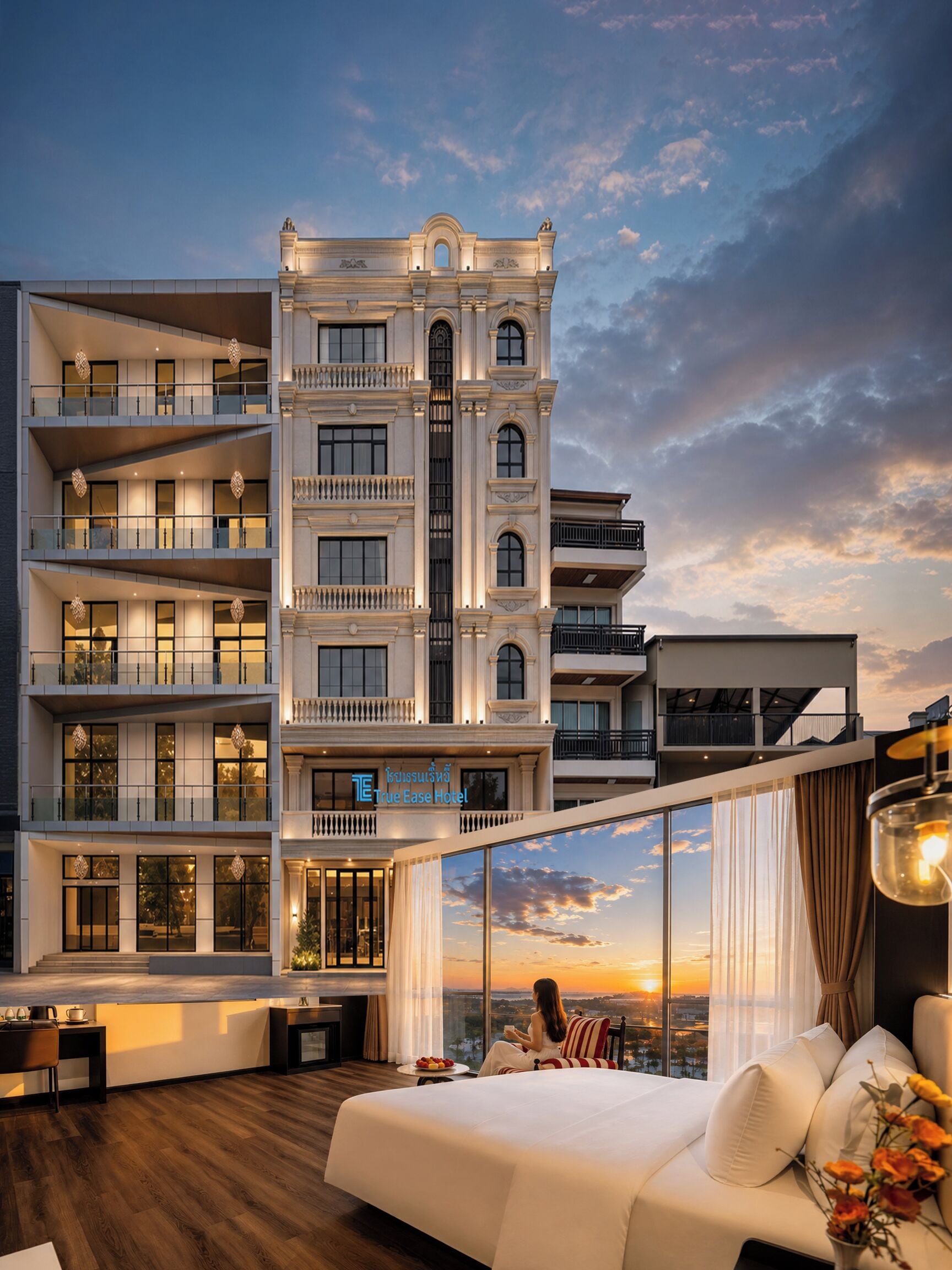 Un hotel de diseño moderno, con varios balcones y ventanas amplias.