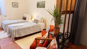 A cozy room with two beds, a red sofa, a wooden chair, a small table with a plant, and a painting on the wall. - Central studio, pets welcome - 2 guests (Blois)