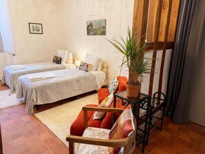 A cozy room with two beds, a red sofa, a wooden chair, a small table with a plant, and a painting on the wall. - Central studio, pets welcome - 2 guests (Blois)