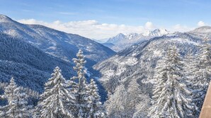 Un paysage montagneux, avec des arbres couverts de neige et un ciel dégagé.