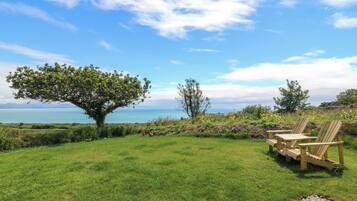 A grassy outdoor area with a view of the sea, a large tree, and wooden chairs.