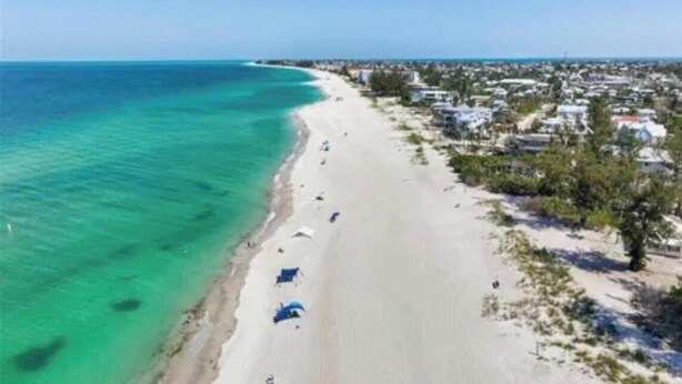 An aerial view of a beach with clear turquoise waters, a sandy shore, and a residential area with houses and vegetation.