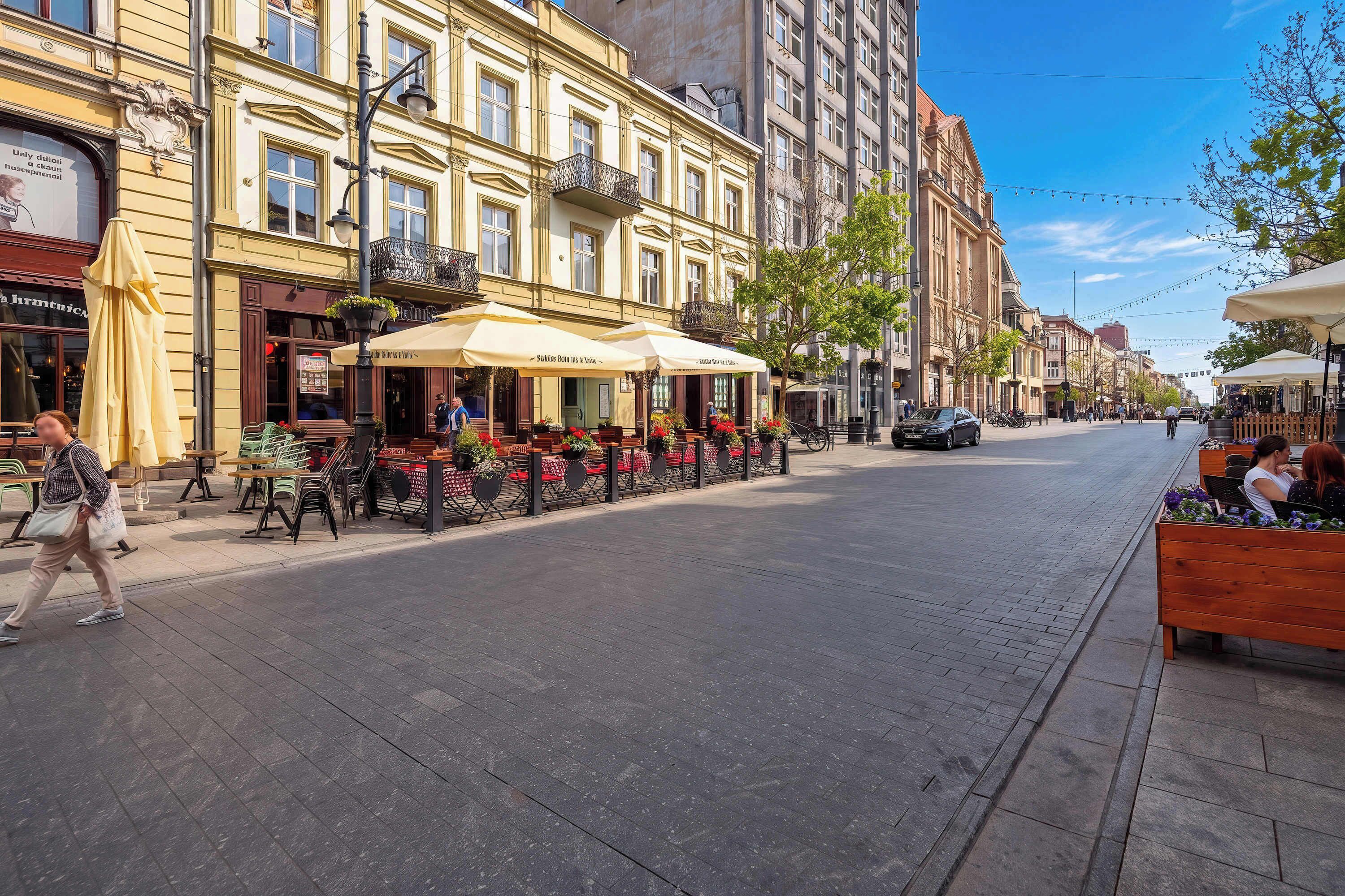 Une rue avec des terrasses, un tramway et des immeubles dotés de balcons.