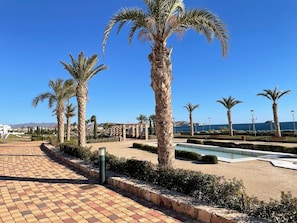 Ein gepflasterter Weg, gesäumt von Palmen, mit Pool und freiem Blick auf das Meer.