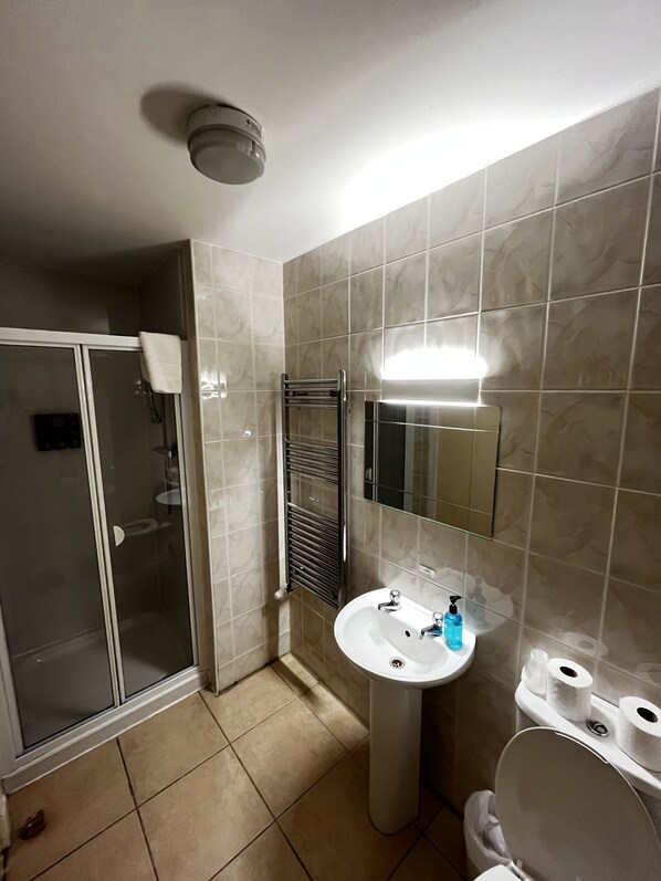 A bathroom with a glass shower enclosure, a white sink with a mirror, and a toilet.