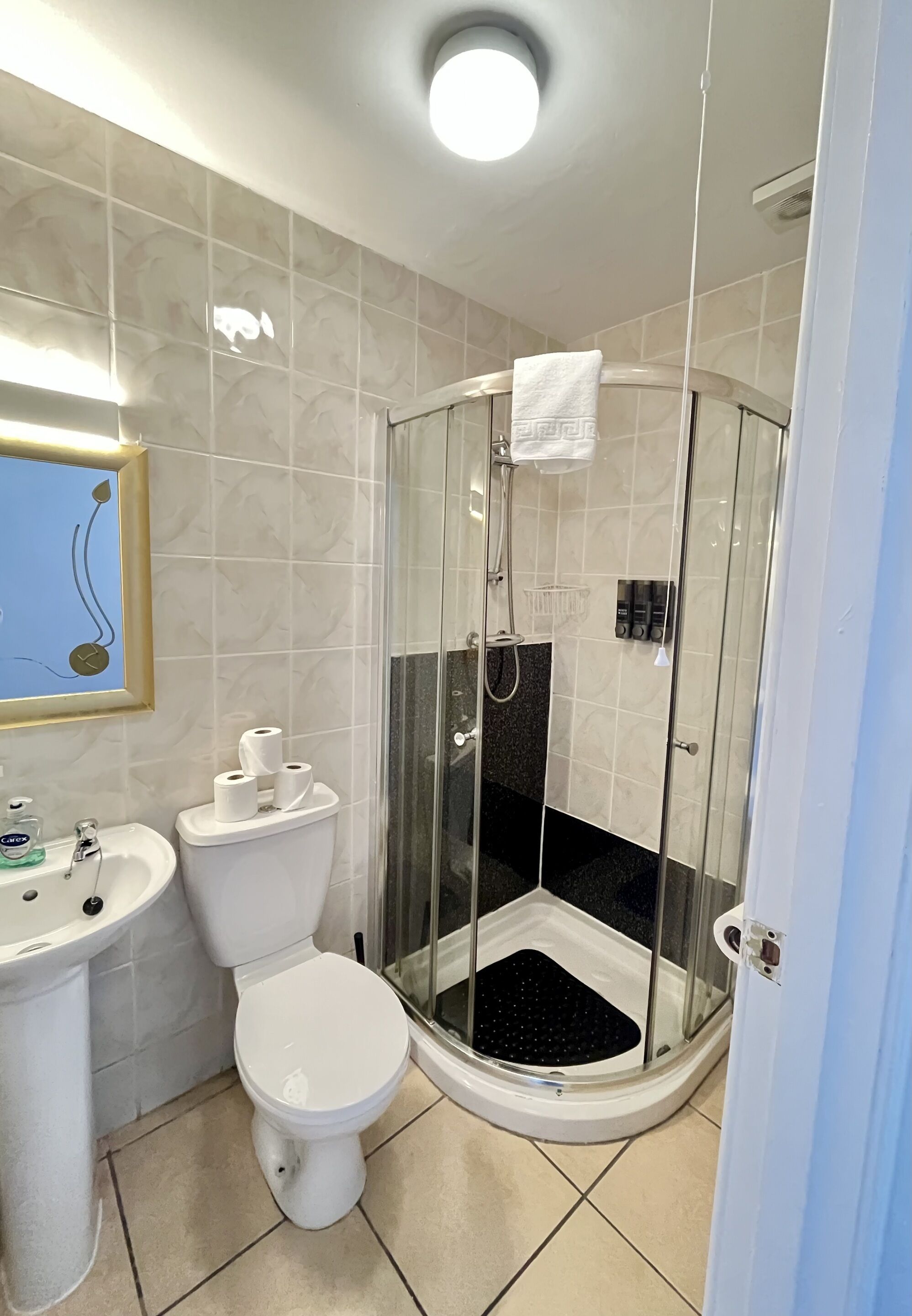 A bathroom with a toilet, sink, and glass-enclosed shower.