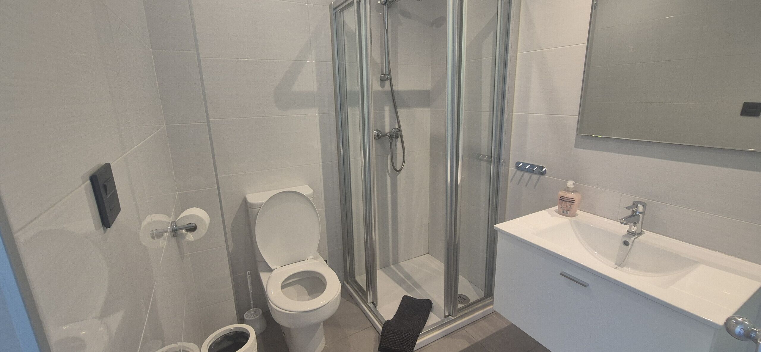 A modern bathroom with a glass shower enclosure, a toilet, and a white sink with a mirror above it.