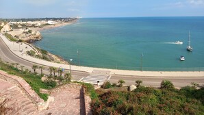 A coastal road with a pedestrian crossing, a stone pathway, and a view of the sea with boats.