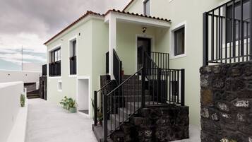 A modern building with a staircase, a stone wall, and potted plants.