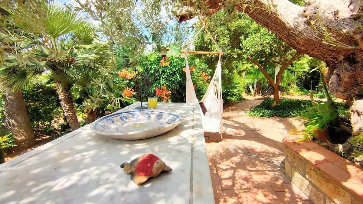 A garden with a table, a hammock, and a turtle.