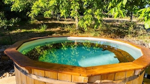 Ein hölzernes Whirlpool mit blauem Wasser, umgeben von einer Holzterrasse und Bäumen.