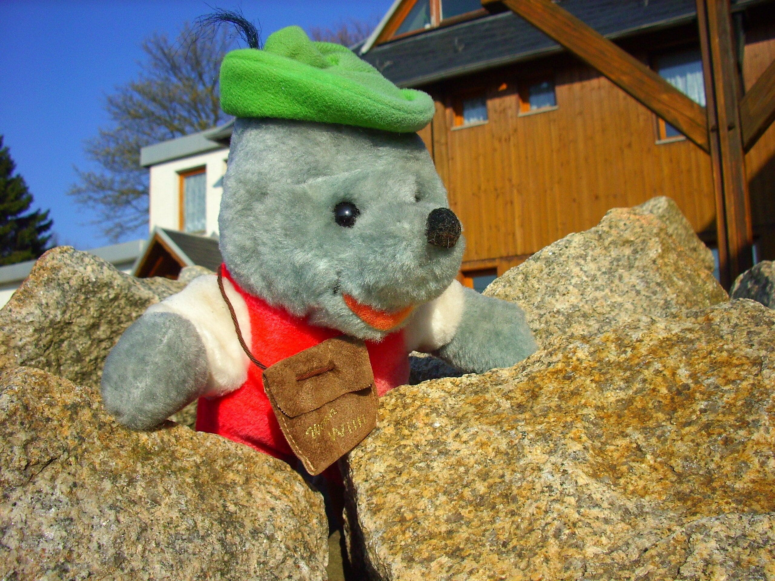 A plush toy bear with a green hat and red scarf sitting on rocks.