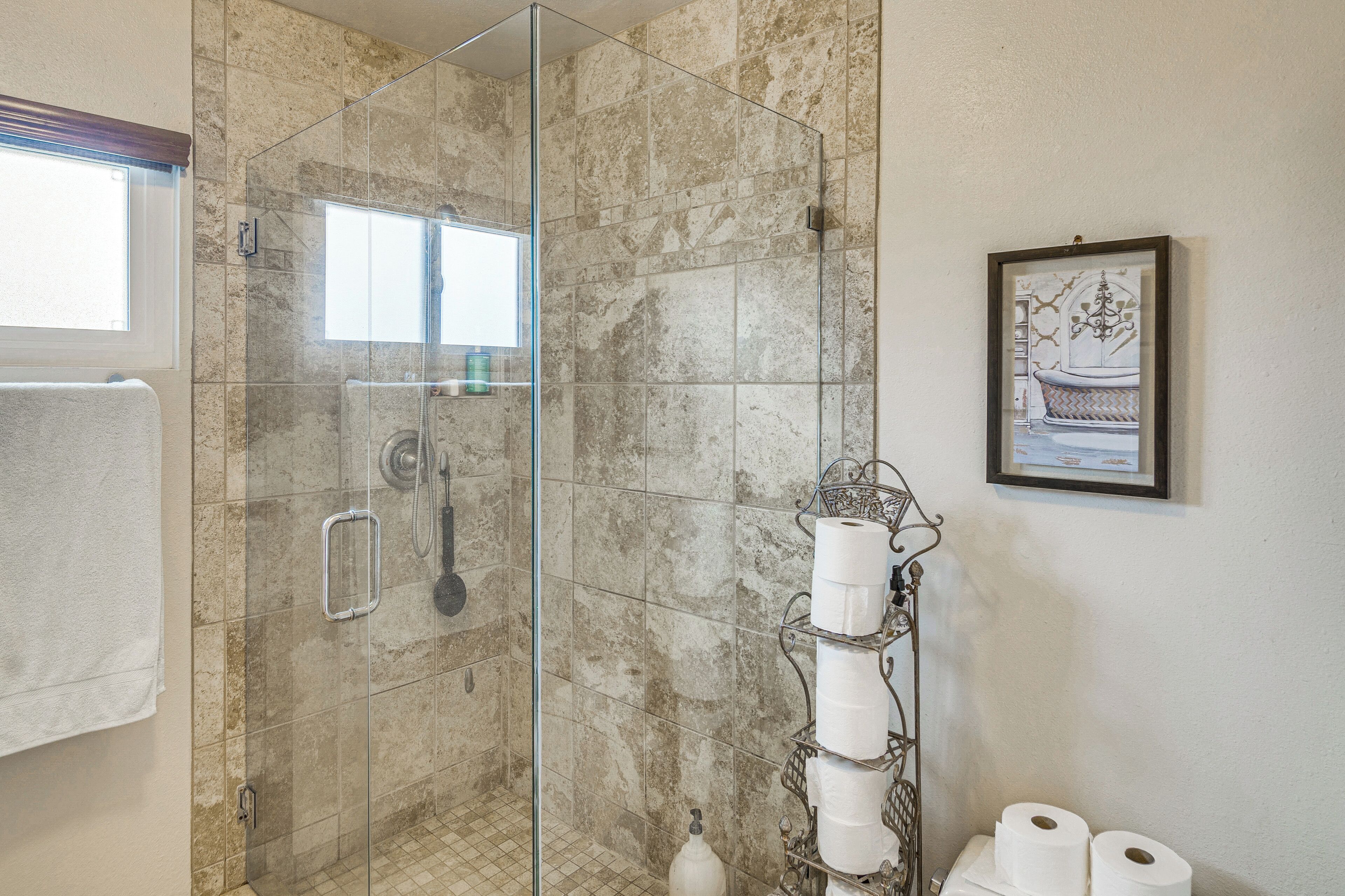 A glass-enclosed shower with a towel rack and a toilet paper holder.
