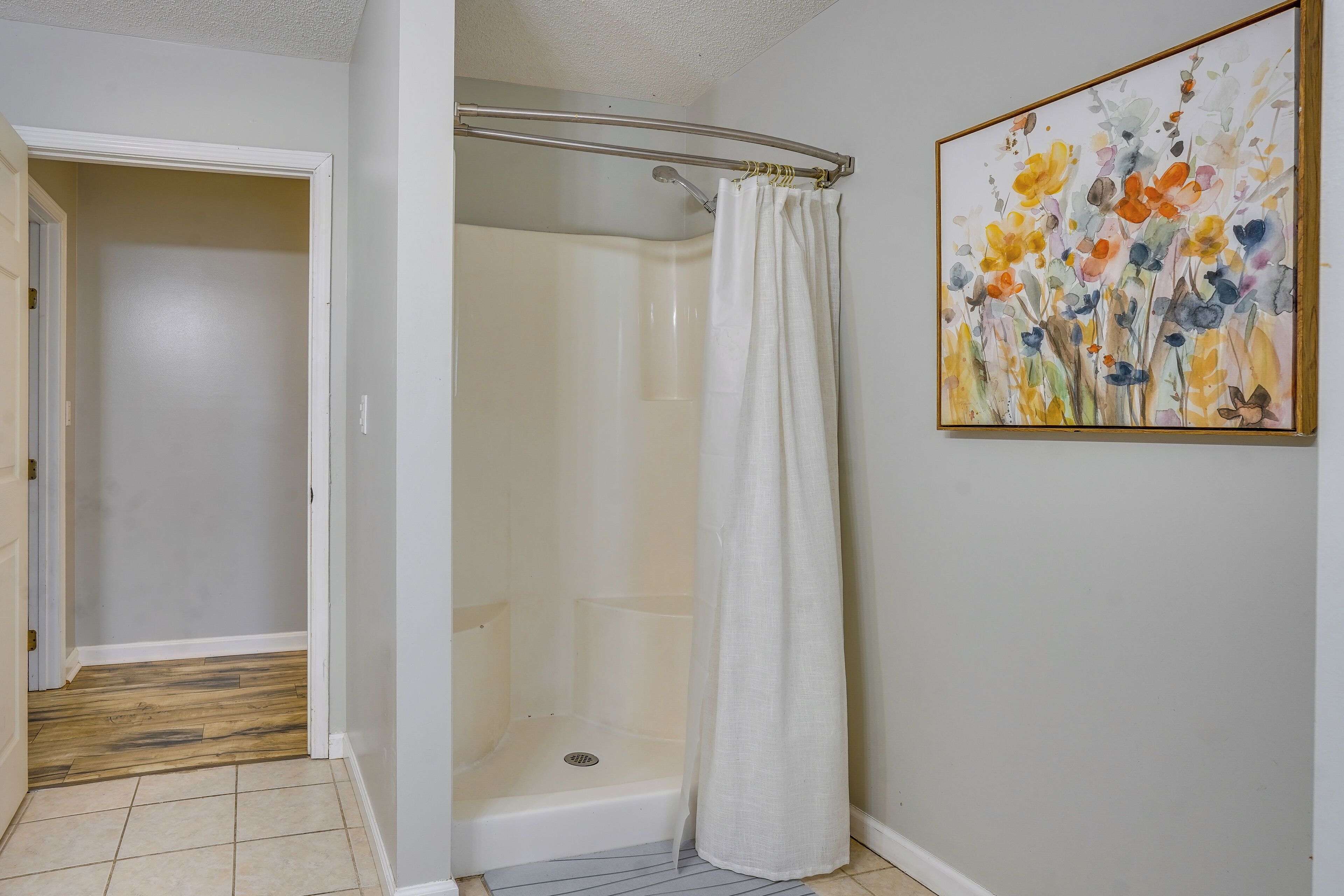 A bathroom with a shower, a door leading to another room, and a painting on the wall.