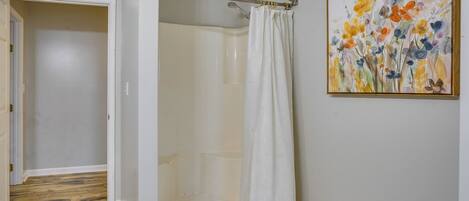 A bathroom with a shower, a door leading to another room, and a painting on the wall.