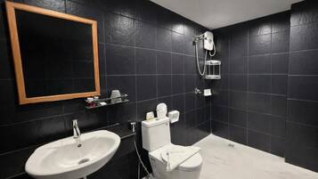 Shower, free toiletries, hair dryer, towels