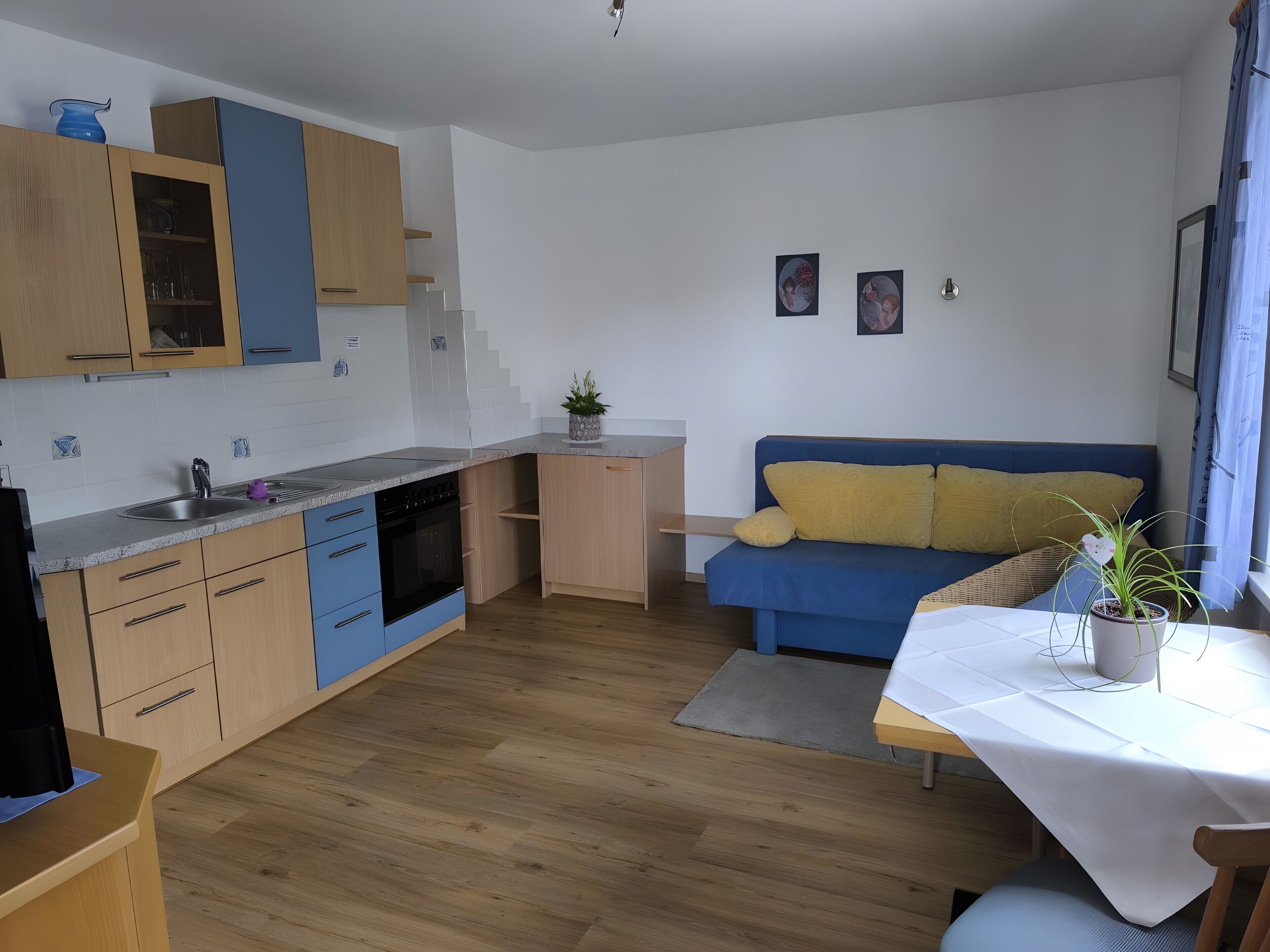 Una cocina compacta con comedor, un sofá azul y una pequeña mesa con una planta.