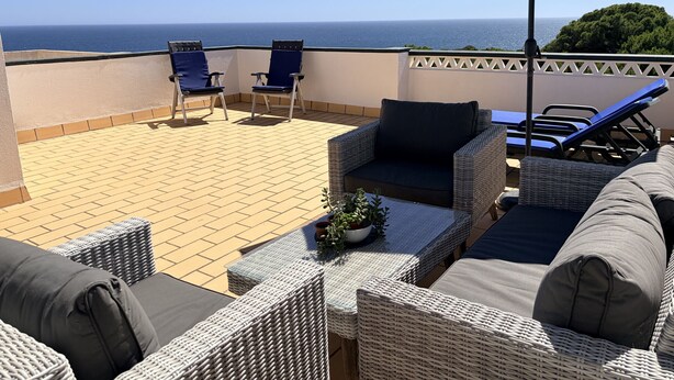 Een terras met rieten meubels, een tafel met een plant en uitzicht op zee.