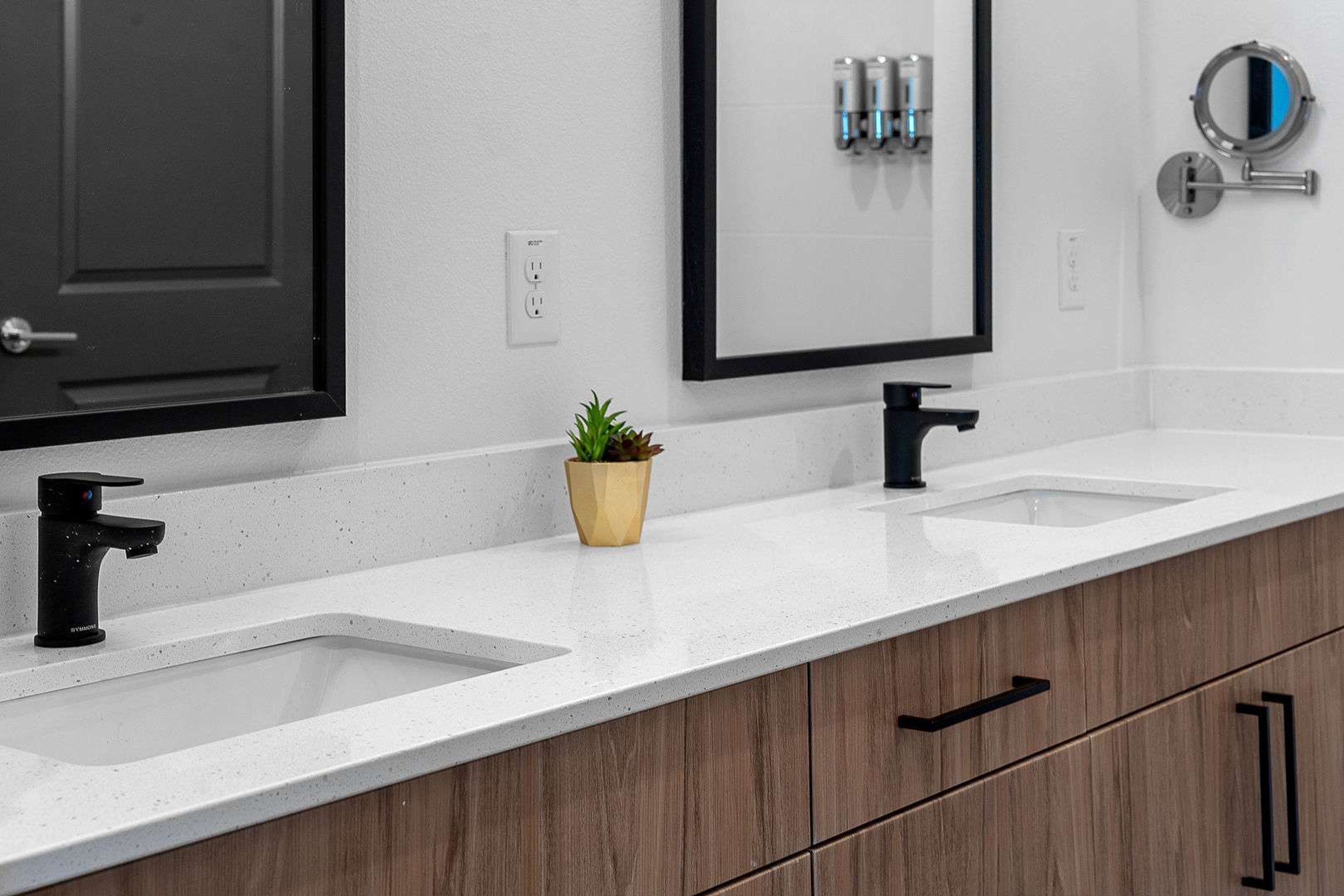 A bathroom with two sinks, a potted plant, a mirror, and a door.