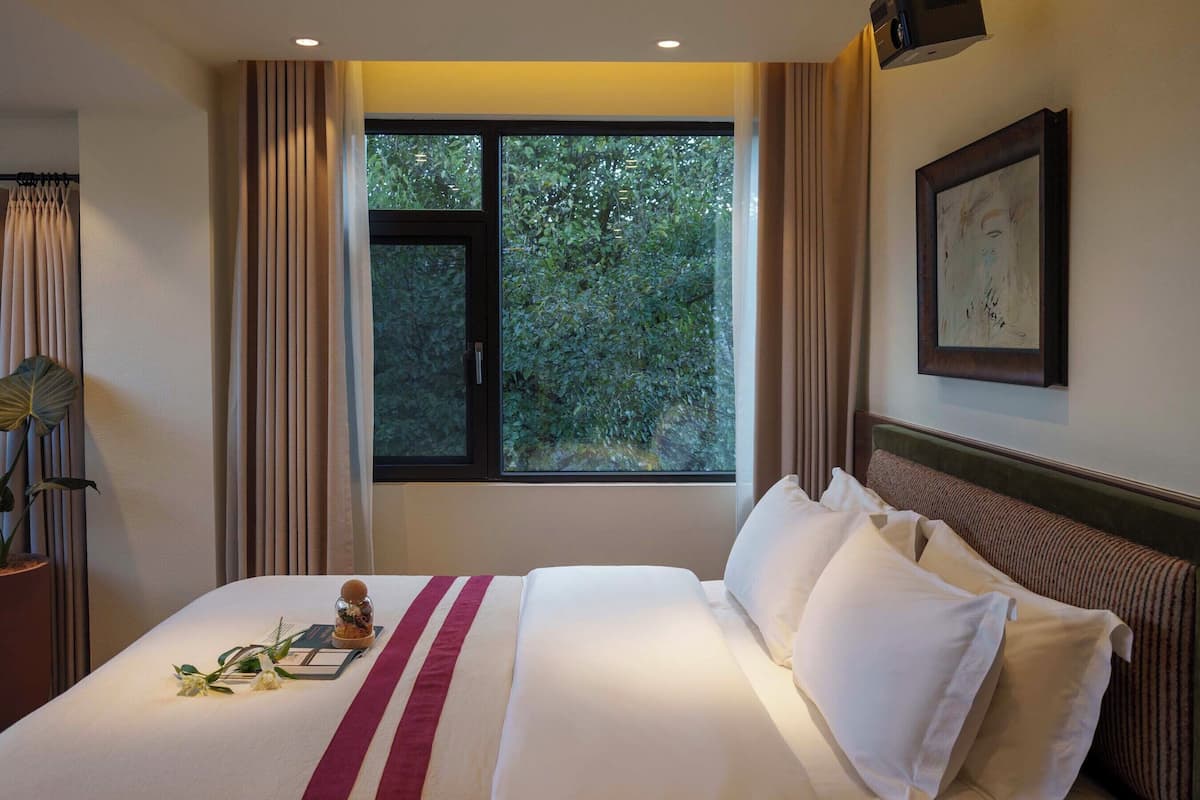 Quarto de hotel com uma cama grande, uma janela com cortinas, uma obra de arte emoldurada na parede e uma planta no criado-mudo.