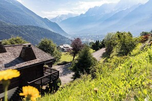 Un chalet de montagne avec une façade en bois, un balcon et une vue sur une vallée et des montagnes.