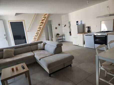 Living area. Holiday Home 'Le Gecko' with Private Terrace and Wi-Fi
