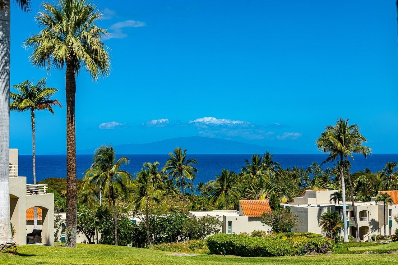 Un resort con palmeras, vista al océano y edificios de estilo arquitectónico mediterráneo.